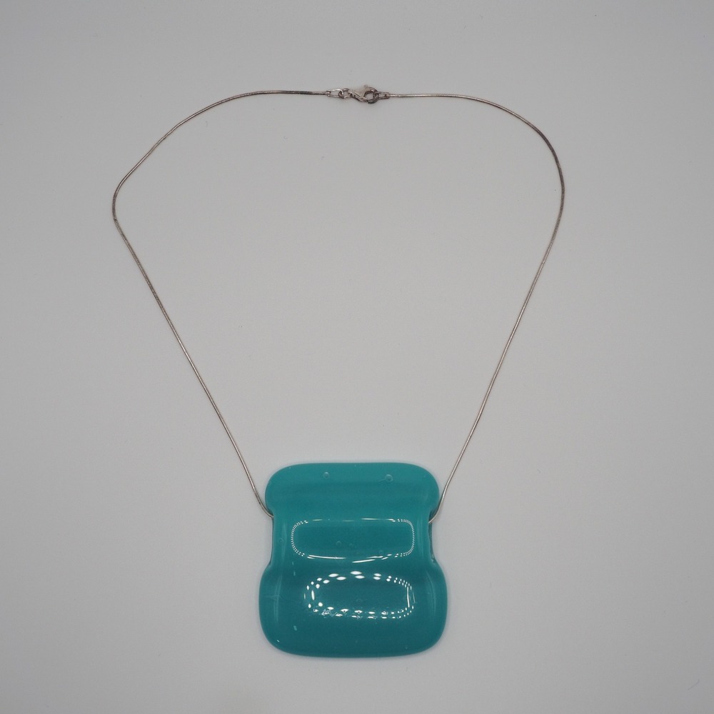 Handcrafted Necklace Blue Fused Glass Pendant Silver Snake Chain Large Statement